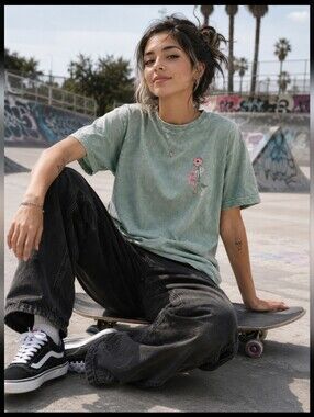 RIPNDIP Nermal Floral Garden Graphic Tee Mint Green Acid Wash T-Shirt Small
